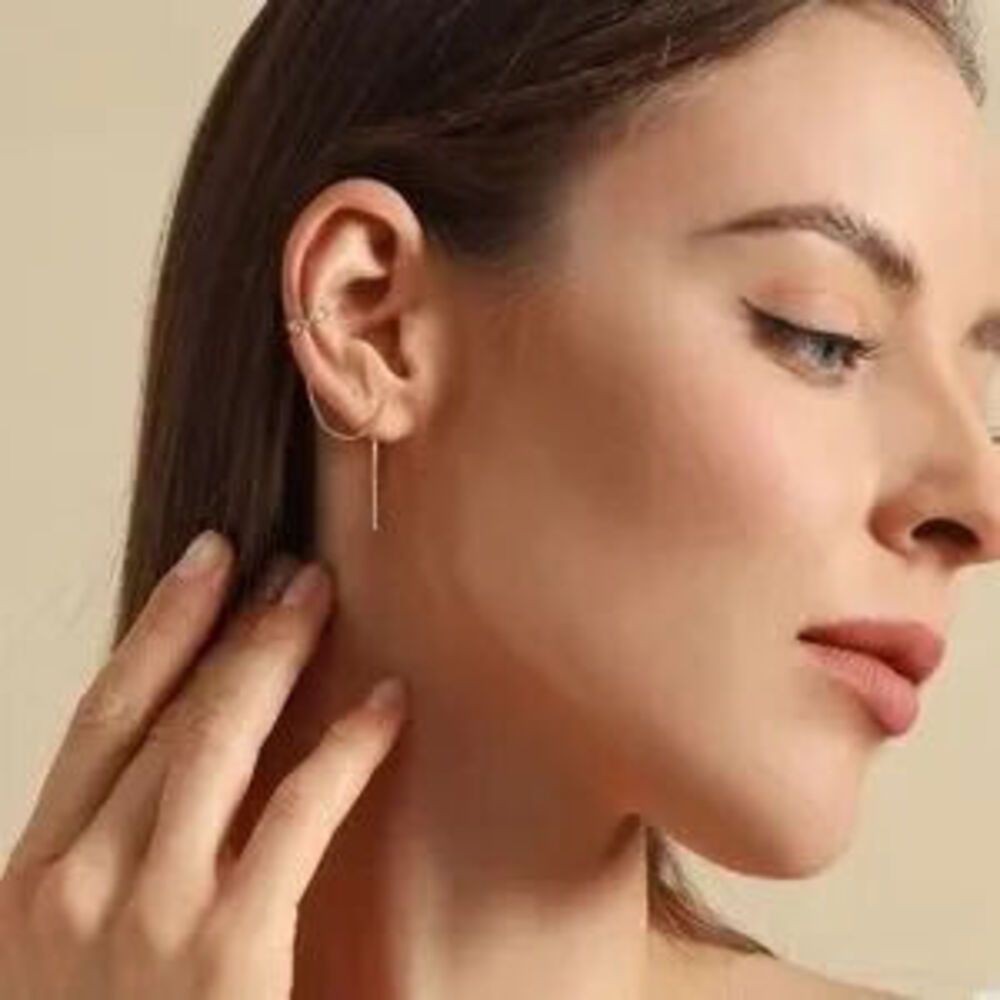 GOLD 18k Plated Cubic Zirconia Ear Cuff Thread Earrings Gift Minimalist